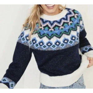 Old Navy Fair Isle Sweater Large Navy Blue Polyester Wool Blend Preppy NWOT